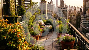 Urban Oasis, Rooftop Garden at Sunset in the City