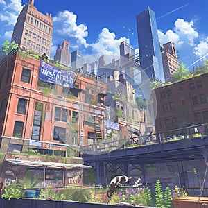 Urban Oasis: A Vibrant Cityscape with an Overgrown High Line