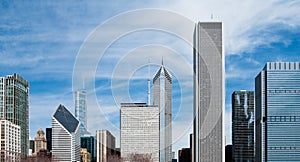 Urban panorama of a modern city skyline under a blue sky in Chicago