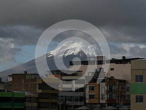 Urban panorama view cityscape skyline of Latacunga city with Volcano Cotopaxi in andes mountains Ecuador South America
