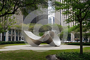 Urban Park with Artistic Sculpture Framed by Greenery and Buildings photo