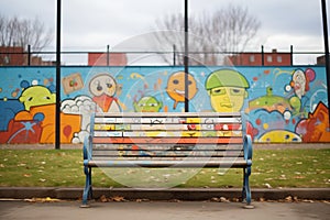 urban park bench near a fence with graffiti patterns