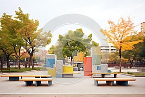 urban park with modernist benches and geometric landscaping