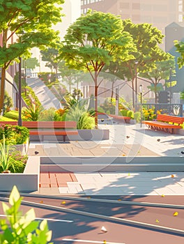 Urban park in a smart city, showcasing innovative phyto-remediation techniques for sustainable pollution management