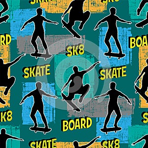 Urban pattern for guys. skateboarder on multicolored grunge rectangles and text