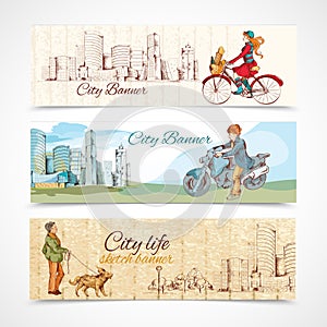 Urban people horizontal banners sketch colored