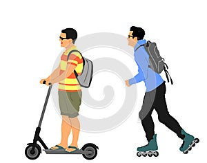 Urban people transportation electric vehicle gadget vector illustration isolated. Man ride electric scooter.