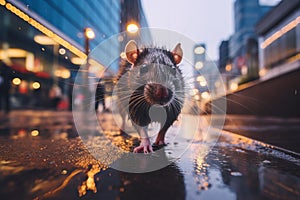 Urban pest control. rat navigating busy city alley at dusk, highlighting public health hazard