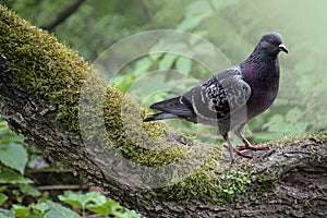 Urban pigeon near the roots of a tree in the park