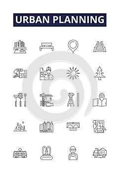 Urban planning line vector icons and signs. urban, design, project, city, architecture, plan, concept,town outline