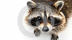 a racoon on white background is looking up photo