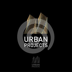 Urban project logo. Icon of architect bureau. Gold towers and white letters.