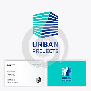 Urban project logo. Icon of architect bureau. Twisted Ñube with volume effect and letters.