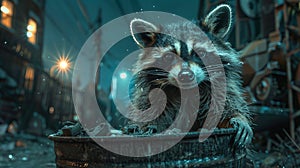 Urban raccoons nocturnal scavengers in city, detailed flash photography of nocturnal adaptation