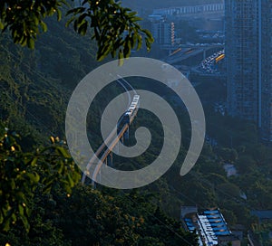 Urban rail transit running on a hillside. In Chongqing, China