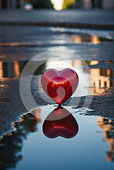 Urban Reflection: Red Heart Balloon in City Street Puddle photo