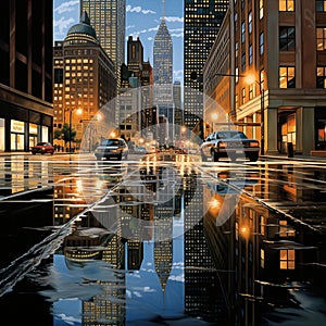 Urban Reflections: The Modern Architecture Captured in a Puddle