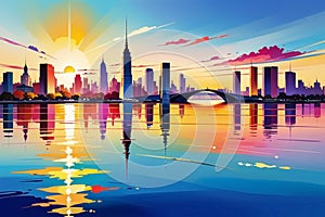 Urban Reverie: Watercolor Silhouette of Cityscape