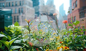 Urban rooftop garden. Modern skyscrapers, view from a terrace