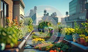 Urban rooftop garden. Modern skyscrapers, view from a terrace