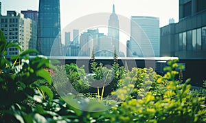 Urban rooftop garden. Modern skyscrapers, view from a terrace