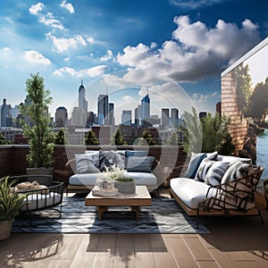 An urban rooftop terrace with a 3D skyline wall mural and chic