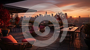 An urban rooftop terrace, with a city skyline as the background, during a vibrant sunset