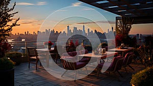 An urban rooftop terrace, with a city skyline as the background, during a vibrant sunset