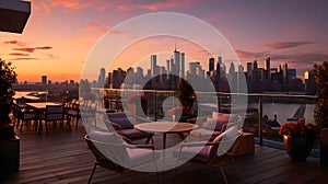 An urban rooftop terrace, with a city skyline as the background, during a vibrant sunset