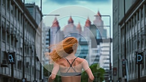 Urban running for health and vitality, Beautiful woman in sports clothes running through the city, Generative AI