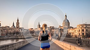 Urban Running, Young Woman Jogging in the City with Old Buildings, Generative AI