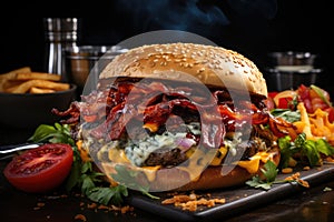 Urban Scene: Gigantic juicy hamburger being prepared, irresistible colors and aromas., generative IA