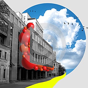Urban scene with monochrome buildings, red spherical accents, blue sky with clouds, and bird silhouettes. Contemporary