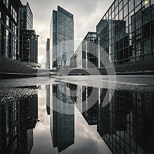 Urban scene with a towering central skyscraper surrounded by modern glass-clad photo