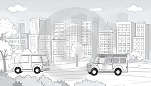 Urban scene, two vans in a park