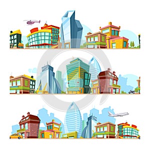 Urban seamless landscape. City backgrounds with modern buildings cityscape panoramic town pattern for 2d game vector