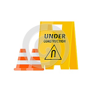 Urban security under construction road sign with two cones