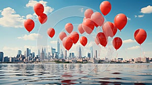 Urban Serenade: Red Balloons Against a Blue Sky and Blurry Cityscape