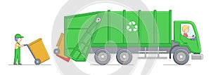 Urban Services And Environment Protection Concept. Worker Collect Garbage And Loading It Into Garbage Truck. Scavengers