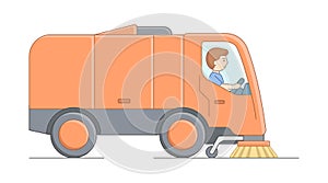 Urban Services And Environment Protection Concept. Worker Sweeper Truck Driver At Work. Man Sweeps City Streets. Urban