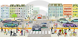 Urban silhouette of a big city with traffic and pedestrians, illustration