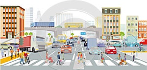 Urban silhouette of a big city with traffic and pedestrians, panorama, , Iillustration
