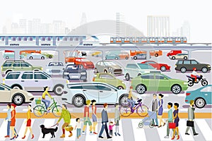 Urban silhouette of a big city with traffic and pedestrians, rapid transit, panorama, , Iillustration