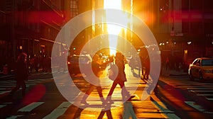 Urban silhouette of pedestrians crossing street at sunset. City life captured in golden hour. Perfect for background use