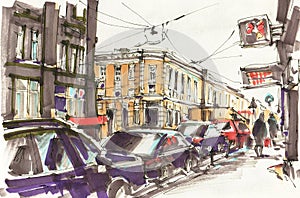 Urban sketch.  Street in the city centre