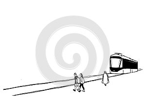 Urban sketch of tram and people. Vector black and white hand drawn illustration of cityscape.