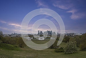 The urban skyline of Canary Wharf and the City of London from Greenwich