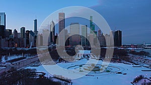 Urban Skyline of Chicago in Evening Twilight in Winter. Aerial View. USA
