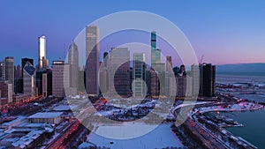 Urban Skyline of Chicago in Morning Twilight in Winter. Aerial View. USA