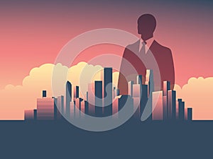 Urban skyline cityscape with businessman standing over. Double exposure vector illustration landscape background.